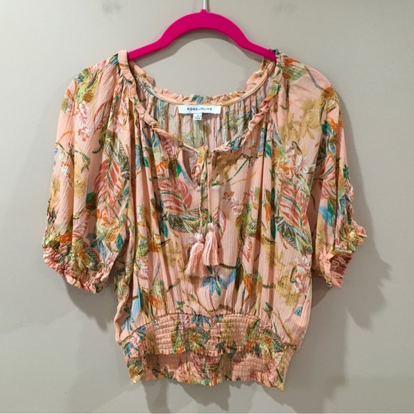 Rose + Olive Tropical Cropped Top Peasant Blouse Tie Neck Prairie Cottage Small - Picture 1 of 6